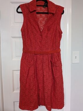 Anthropolgie Coral Colored Sleeveless Lace Midi Dress with Belt